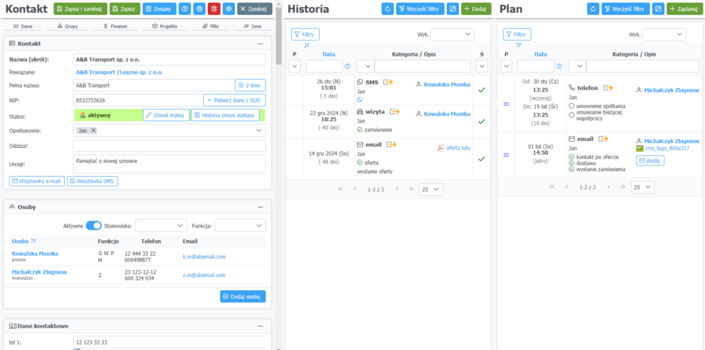 CRM Vision - ekran edycji kontaktu