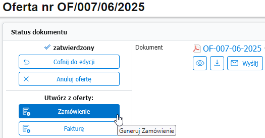 Generowanie Zamówienia z oferty